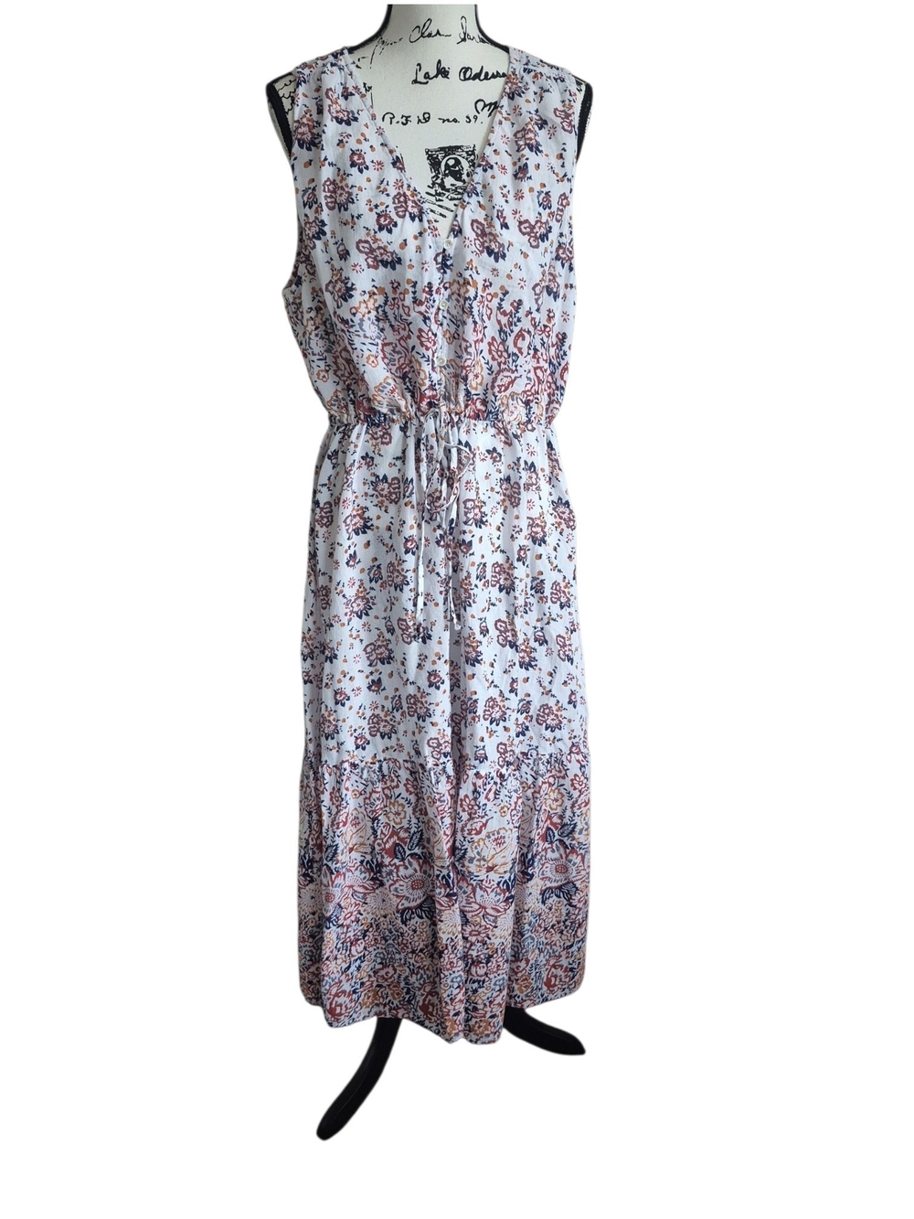 Lucky 2X Floral Border Print Cotton Maxi WesternBoho V Neck Drawstring Coastal - Picture 3 of 9